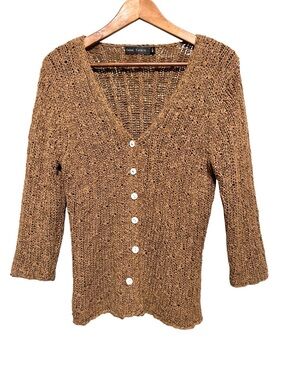 CASUAL EXPRESS Open Knit Ribbon Cardigan Boho Coastal Grandpa Camel